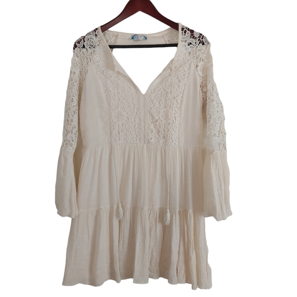 J. Gee Cream Lace Embellished Long Sleeve Ctepe Babydoll Tasseled Dress Boho PL.